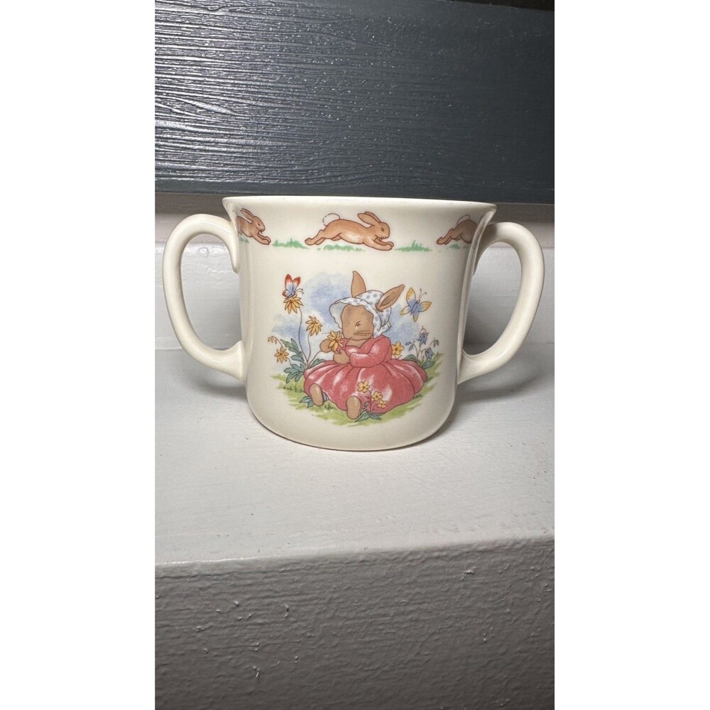 Royal Doulton Bunnykins 2 Handle Cup In the Garden Flowers Double Sided CLEAN